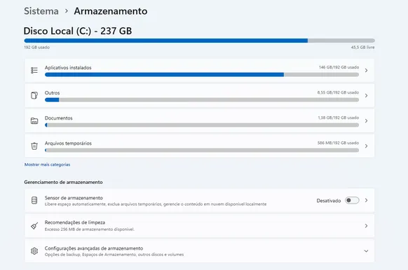 tela de armazenamento do windows 11