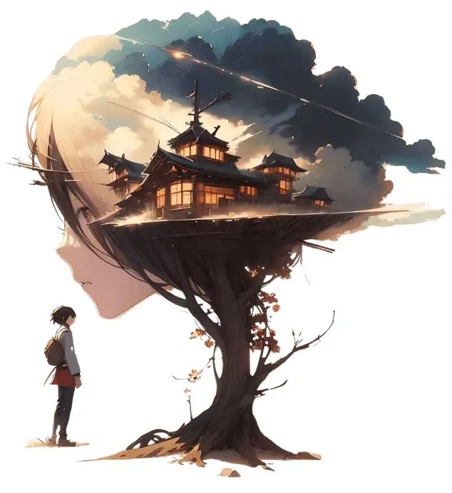 Ilustração da cabeça de uma personagem de anime que forma uma árvore, sustentando uma vila japonesa tradicional com um céu nublado e estrelado acima. Uma pequena pessoa está olhando para a estrutura.