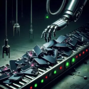 Ilustração de uma mão robótica que está produzindo muitos dispositivos eletrônicos.