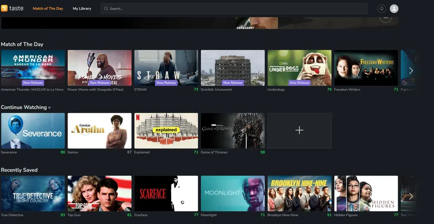 Minha tela inicial com as recomendações do taste.io
