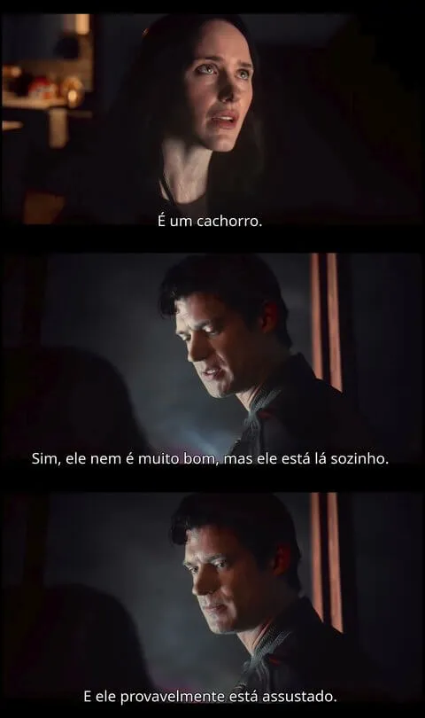 Cena do filme Superman 2025 mostrando Lois Lane e o Superman em um diálogo sobre empatia, onde ele defende a ajuda a um cachorro, destacando sua compaixão.