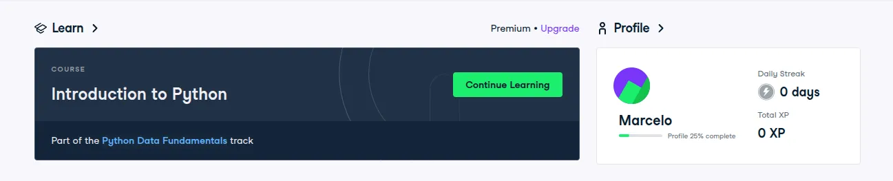 Tela de curso online sobre Python com introdução ao Python e destaque para o botão 'Continue Learning'. No canto superior direito, perfil de usuário com nome Marcelo e progresso de aprendizado.