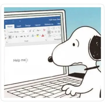 Ilustração de um computador com o editor de texto aberto e um personagem estilo cartoon usando o dispositivo, com destaque para a mensagem “Help me” na tela, em ambiente gráfico simples.