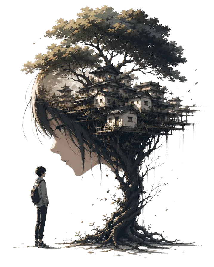 Ilustração da cabeça de uma personagem de anime que forma uma árvore, sustentando uma vila japonesa tradicional com um céu nublado e estrelado acima. Uma pequena pessoa está olhando para a estrutura.
