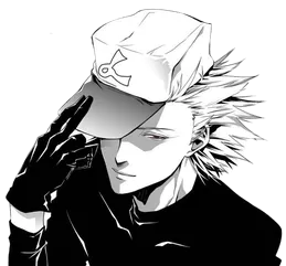 Ilustração estilo anime do personagem Toua Tokuchi de One Outs, com cabelo loiro espetado e um boné, com uma expressão intensa e olhos levemente sombreados.