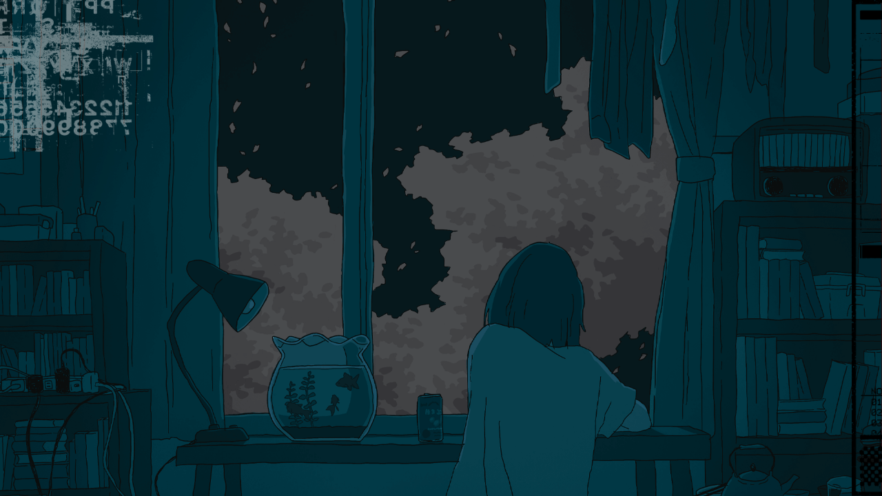 Ilustração de uma mulher sentada à mesa, olhando pela janela, com expressão pensativa e ambiente de trabalho ao fundo.