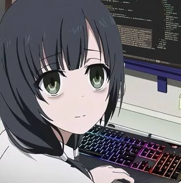 Menina de anime com olhos verdes sentada em frente a um computador.