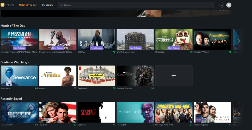 Minha tela inicial com as recomendações do taste.io