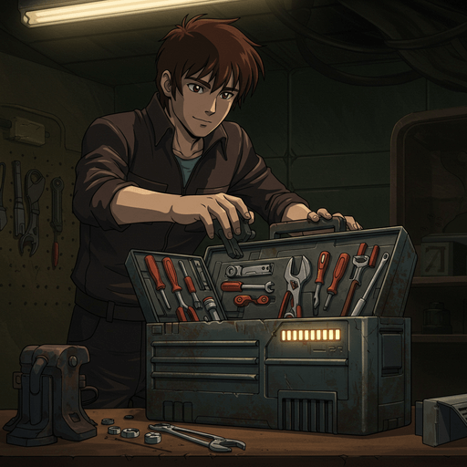 Ilustração em estilo anime de um criador em sua oficina, abrindo uma caixa de ferramentas para selecionar o item certo para o trabalho, simbolizando a curadoria de recursos.