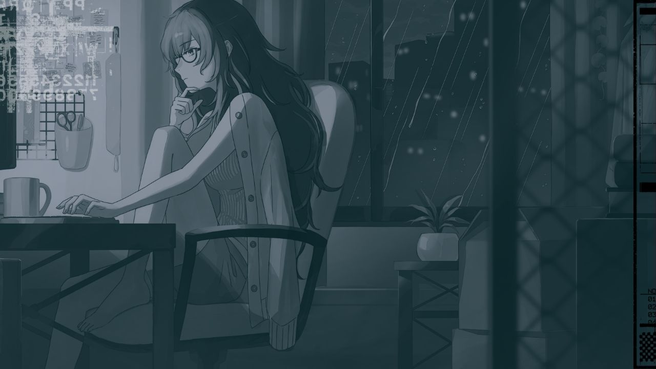 Menina de anime em uma mesa, com vista para o exterior através de uma janela.