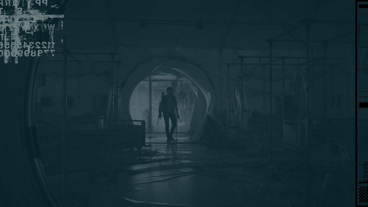 Cena do jogo The Last of Us Part II, mostrando Ellie em um corredor escuro e destruído de um hospital, segurando uma arma e vista através de uma abertura circular.
