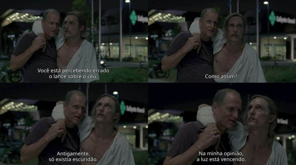 Cena do diálogo final da primeira temporada de True Detective, onde Rust Cohle, apoiado por Marty Hart, compartilha sua filosofia de vida com a frase: "Na minha opinião, a luz está vencendo."