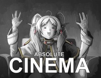 Meme da Frieren, sentada em uma cadeira com as mãos para cima em sinal de aprovação, com a legenda "ABSOLUTE CINEMA".