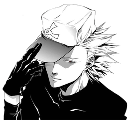 Ilustração estilo anime do personagem Toua Tokuchi de One Outs, com cabelo loiro espetado e um boné, com uma expressão intensa e olhos levemente sombreados.