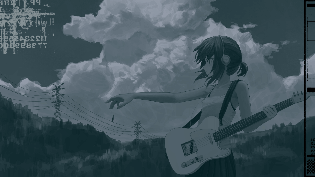 Ilustração estilo anime de uma garota com cabelo roxo, fones de ouvido e uma guitarra elétrica branca, de pé em uma paisagem verde com grandes nuvens no céu.