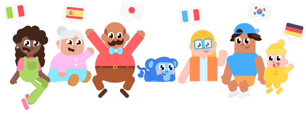 Ilustração colorida de uma família ou grupo diversificado de personagens de desenho animado (adultos, crianças e um macaco azul). Acima de suas cabeças, há balões de fala com bandeiras que representam diferentes idiomas: Itália, Espanha, Japão, França, Coreia do Sul e Alemanha, simbolizando comunicação global.