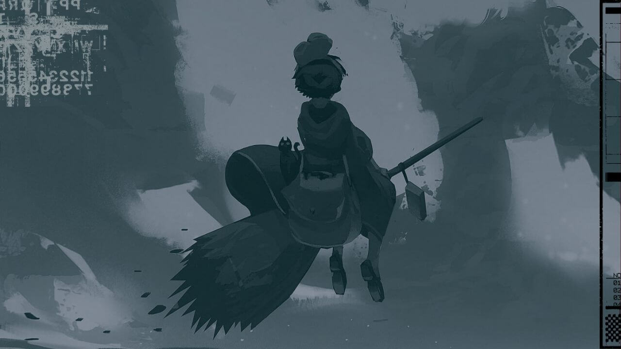 Ilustração artística inspirada no filme O Serviço de Entregas da Kiki, vista de costas. A pequena bruxa voa em sua vassoura com o gato Jiji em sua bolsa, sobrevoando uma cidade iluminada à noite sob um céu nublado.