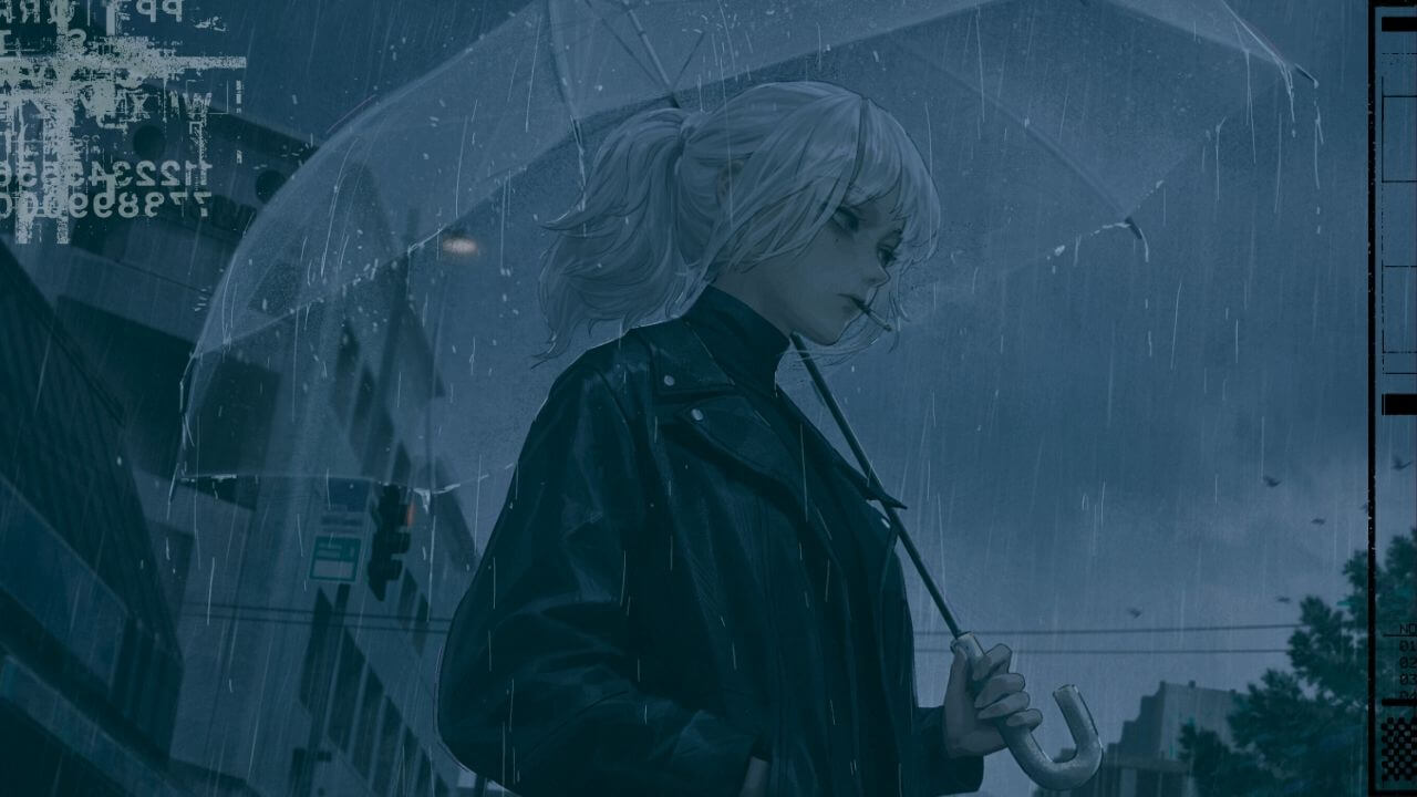 Ilustração em estilo anime de uma jovem de cabelos brancos presos em um rabo de cavalo, vestindo uma jaqueta de couro preta e segurando um guarda-chuva transparente. Ela caminha por uma rua urbana sombria durante uma noite chuvosa, com prédios e luzes de semáforo ao fundo. A atmosfera é fria e contemplativa.
